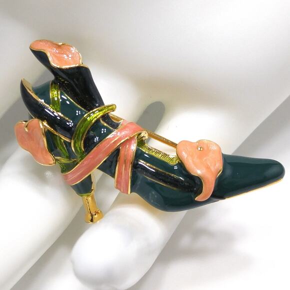 Vintage Kenneth Jay Lane Enamel High Heel Shoe Brooch, Green & Pink Lily Design - Picture 6 of 10